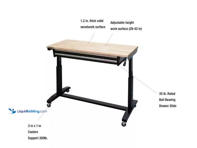 Lot 49-5430074 - Husky 52 in. W x 24 in. D 2-Drawer Adjustable Height Black Work Table with Solid Wood Top(UNUSED) HA...