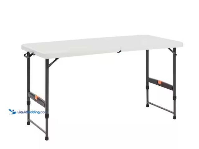 Lot 49-1567521 - HDX 4 ft. Rectangle Almond Plastic Resin Top Single Hand Height Adjustable Fold-In-Half Table, Seats...