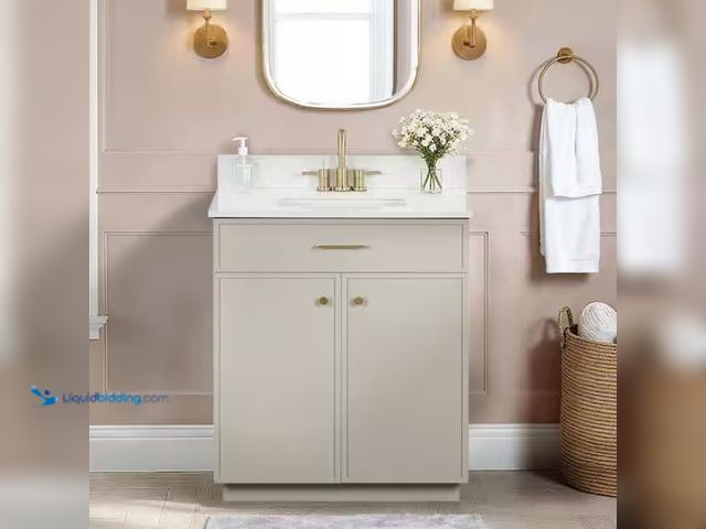 Lot 49-1567105 - Glacier Bay Marcote 30 in. Single Sink Greige Bath Vanity with White Volakas Engineered Marble Top (...
