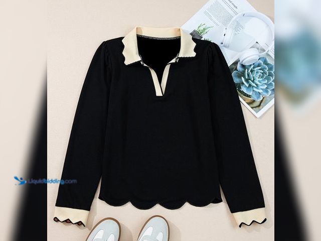 Lot 49-1570299 - Amber Millet Size XL Black Scalloped Trim Color Block Long Sleeve Collared Top, Model # 43789-LC2513...