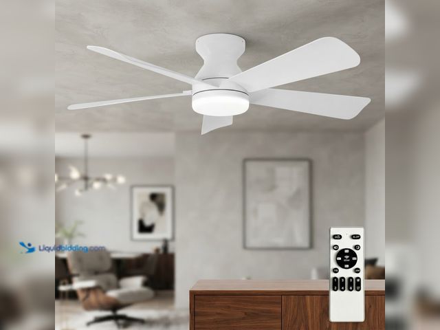 Lot 49-1637980 - 42 in. White 5-Blade Flush Mount Standard Low Profile Ceiling Fan with Light, Dimmable LED, Remote, ...