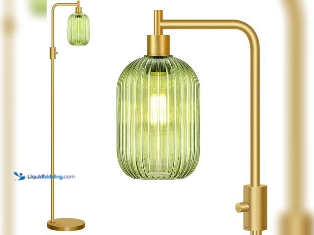 Lot 49-3527255 - Dimmable Glass Floor Lamp for Living Room, Modern Gold Standing Lamp with Green Ribbed Glass Lampsha...