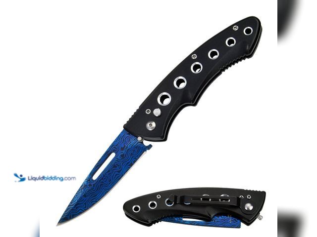 Lot 49-1820492 - Titanium Blue Damascus Clip Point Ballistic Push Button Automatic Knife with Etched Damascus Blade -...