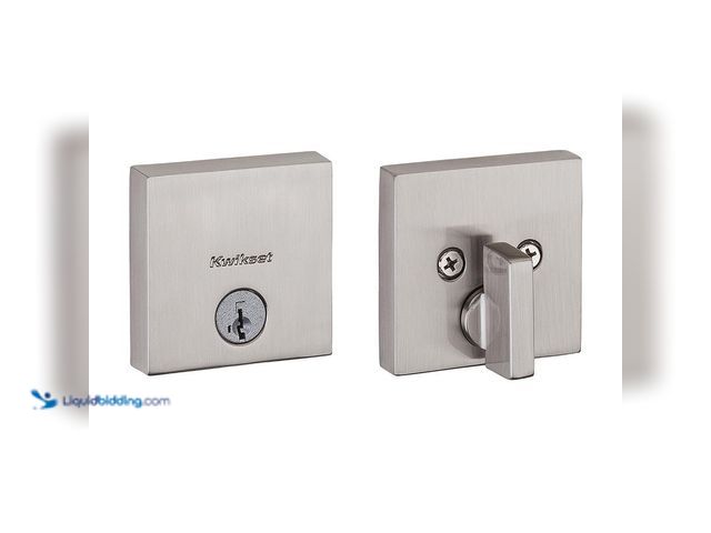Lot 49-5408030 - Kwikset Downtown Low Profile Satin Nickel Square Single Cylinder Contemporary Deadbolt featuring Sma...