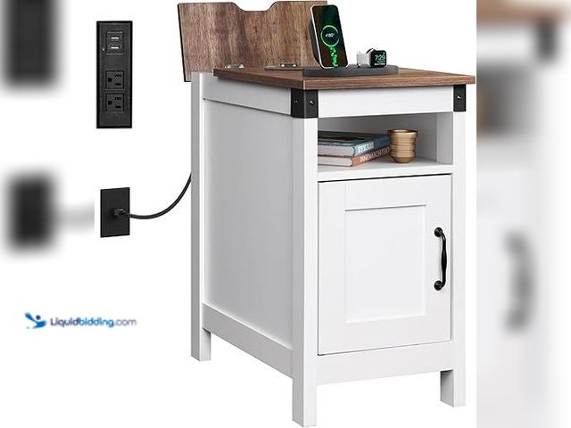 Lot 49-5438096 - WLIVE White Farmhouse End Table for Living Room, Narrow Side Table with Charging Station, Night Stan...