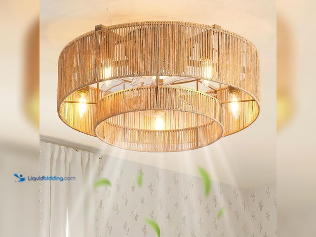 Lot 49-5543081 - 20'' Rattan Boho Ceiling Fan with Light, Enclosed Caged Ceiling Fans with Lights and Remote Control,...