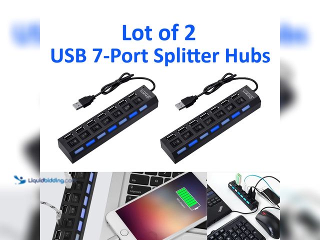 Lot 49-5434347 - Lot of 2 USB 7-Port Splitter Hubs with On/Off Switches Black - NEW - Add USB Ports anywhere you need...