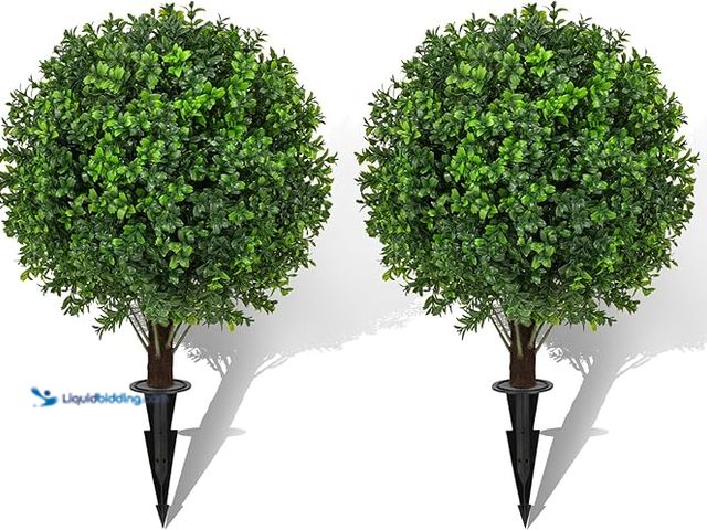 Lot 49-5433988 - 22" Artificial Boxwood Topiary Ball Trees with Ground Spike Set of 2 - UV Resistant Faux Green Shrub...
