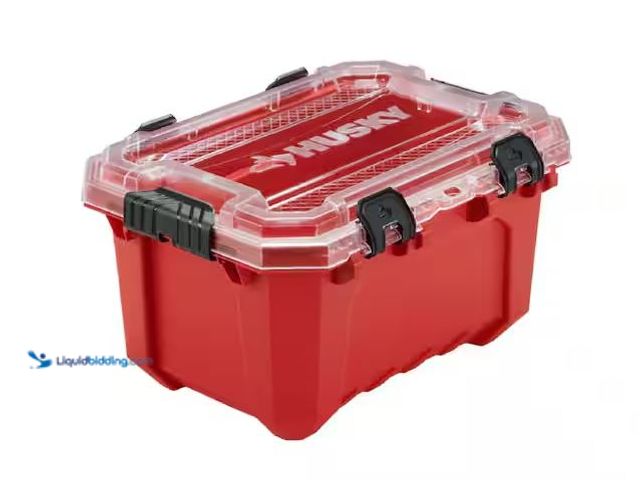 Lot 49-5545821 - 5-Gal. Professional Heavy Duty Waterproof Stackable Plastic Storage Container with Hinged Lid in Red...