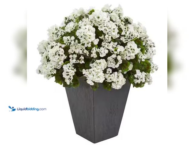 Lot 49-1550396 - Nearly Natural Indoor/Outdoor UV Resistant White Geranium Artificial Plant in Slate Plater, Model # ...