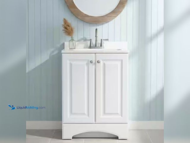 Lot 49-3614030 - Glacier Bay 25 in. Single Sink White Freestanding Bath Vanity with White Cultured Marble Top, Model ...