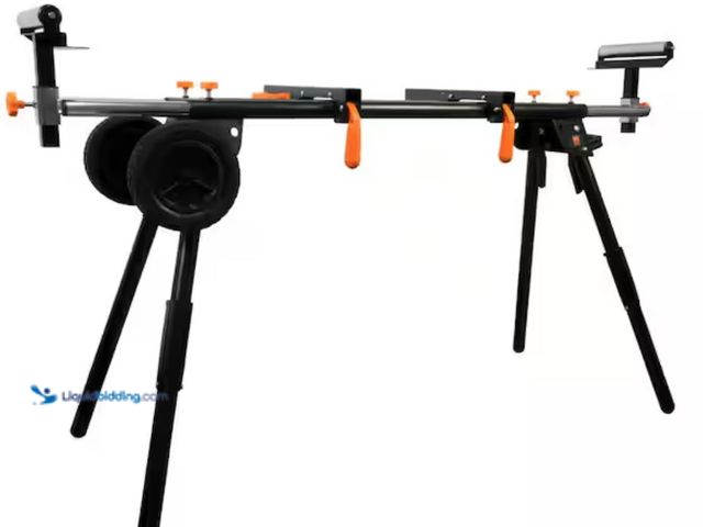 Lot 49-2001243 - WEN Collapsible Rolling Miter Saw Stand with 3 Onboard Outlets, Model # MSA330, Unused, Has attachme...