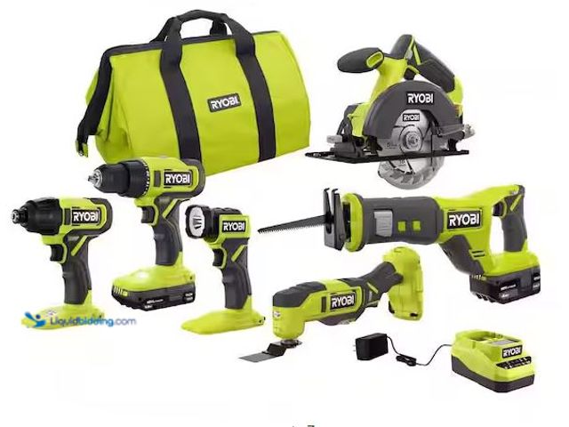 Lot 49-1568501 - RYOBI ONE+ 18V Cordless 6-Tool Combo Kit with 1.5 Ah Battery, 4.0 Ah Battery, and Charger Model # PC...