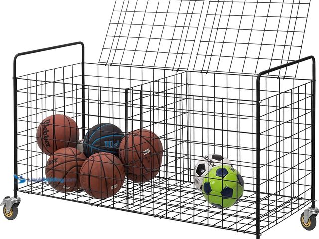 Lot 49-3631384 - X-Large Capacity Black Metal Sports Ball Storage Rolling Cart - Equipment Cart with 2 Compartments, ...