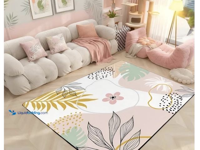 Lot 49-1835207 - 5x7 light pink rug    Pink Rug Cute Leaf Flower Rugs for Living Room | Boho Circle Large Area Rug 5x...