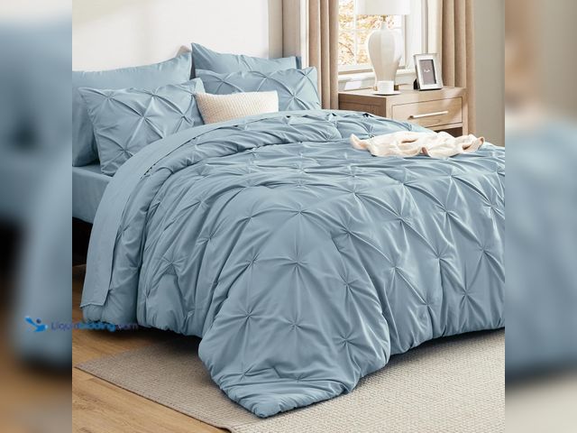 Lot 49-5406907 - Bedsure Queen Comforter Set Light Blue - Bed in a Bag Queen Size 7 Pieces, GentleSoft™ Pintuck Bed S...