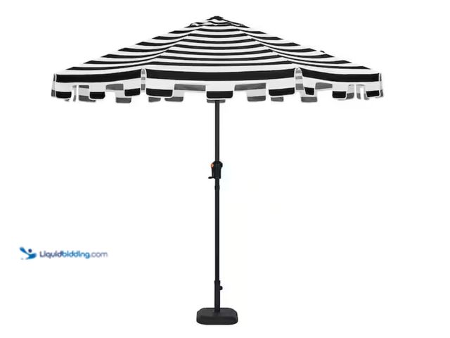 Lot 49-2020703 - Hampton Bay 9 ft. Aluminum Market Crank and Auto-Tilt Patio Umbrella in Cabana Black and White Strip...