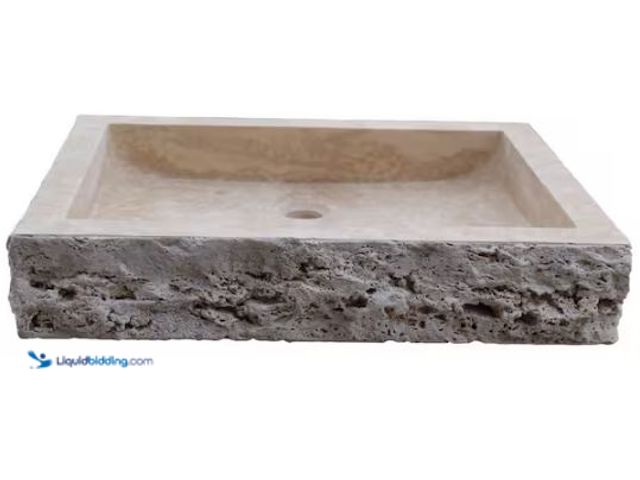 Lot 49-1569494 - TashMart Chiseled Rectangular Natural Stone Vessel Sink in Beige 21.5"L x 17.5"W x 4"H, Model # TM10...