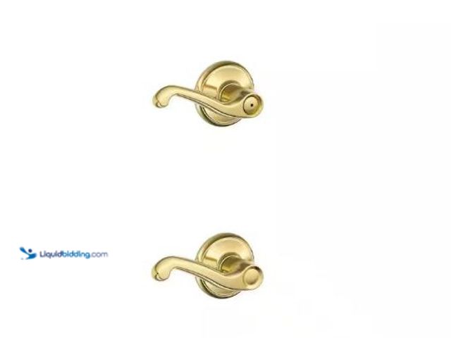 Lot 49-1573166 - Lot of (4) Schlage Flair Bright Brass Privacy Bed/Bath Door Handle and Passage Hall/Closet Door Leve...