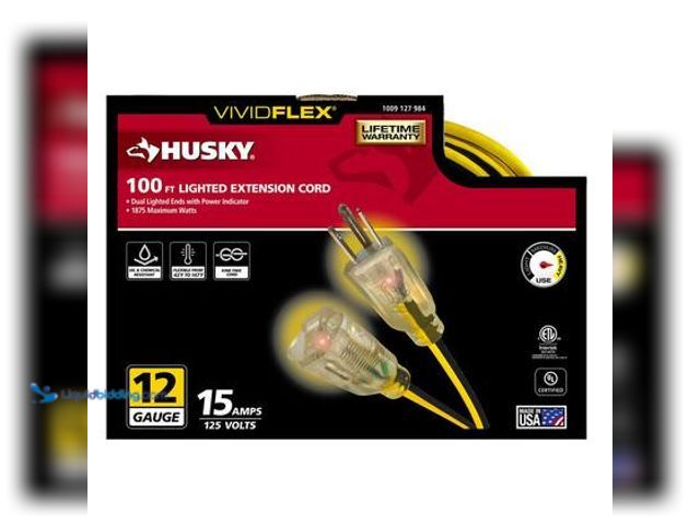 Lot 49-3563928 - Husky VividFlex 100 ft. 12 / 3 Heavy Duty Indoor/Outdoor Extension Cord with Lighted End, Yellow. Mo...