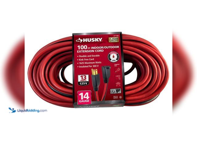 Lot 49-5409120 - Husky
100 ft. 14/3 Medium Duty Indoor/Outdoor Extension Cord, Red/Black Unused