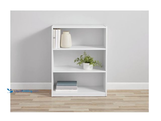 Lot 49-1622913 - Mainstays 3-Shelf Bookcase with Adjustable Shelves, White, Model # 2040739179, New(Factory Sealed)  ...