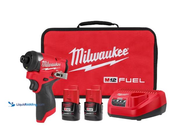 Lot 49-1570351 - Milwaukee M12 FUEL 12V Lithium-Ion Brushless Cordless 1/4 in. Hex Impact Driver Kit w/Two 2.0Ah Batt...