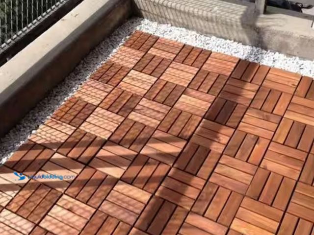 Lot 49-1631151 - APPROX (20) tiles of 12 in. x 12 in. Outdoor Brown Checker Pattern Square Wood Interlocking Waterpro...