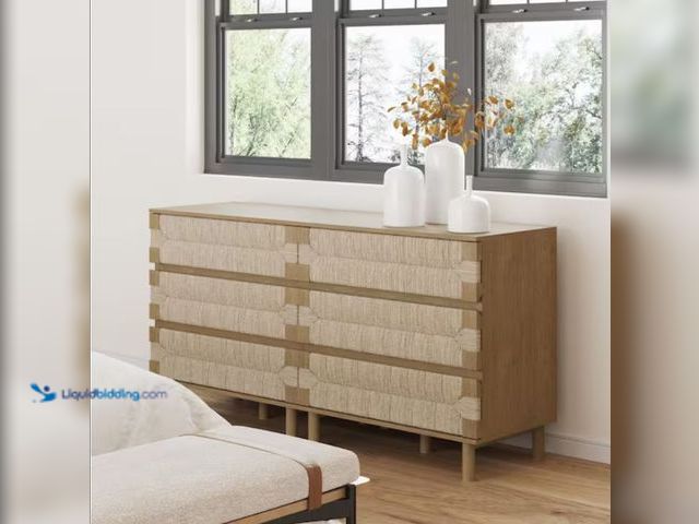 Lot 49-1632081 - Nathan James 2-Pc Beacon Seagrass 3-Drawer Bohemian Dresser Set with Solid Wood Legs in Brushed Ligh...