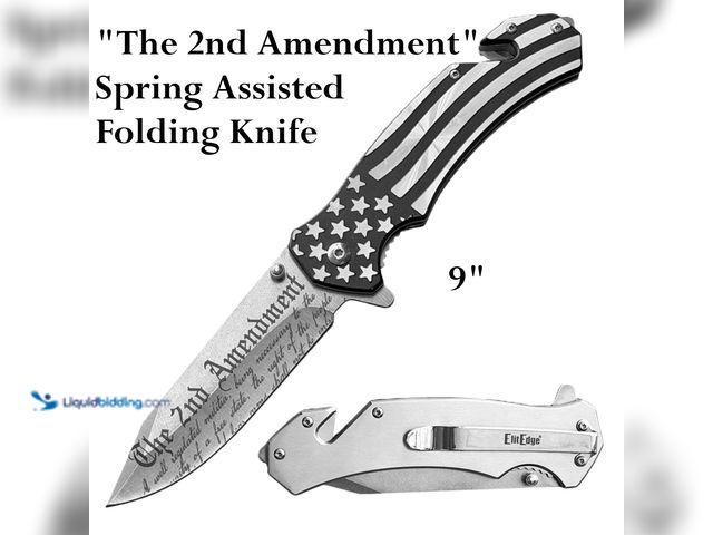 Lot 49-1616529 - ElitEdge American Flag Patriotic "The 2nd Amendment" Rescue Spring Assisted Folding Knife - NEW - Ex...