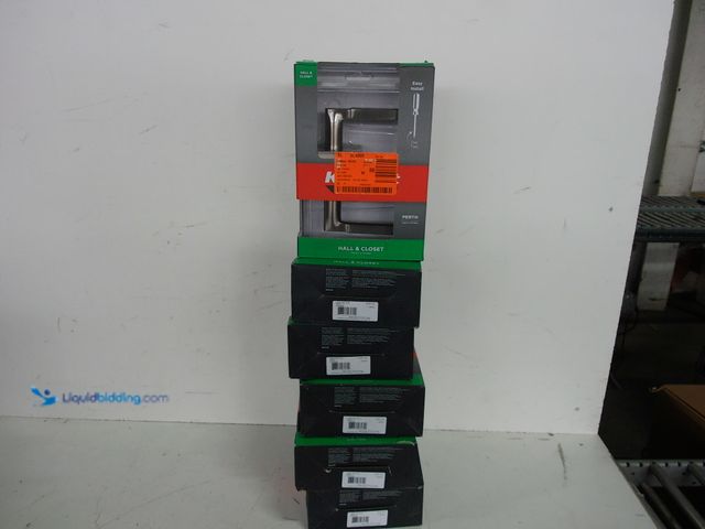 Lot 49-1573141 - Lot of (6) Kwikset Perth Satin Nickel Reversible Square Straight Hall/Closet Door Handle, Model # 72...