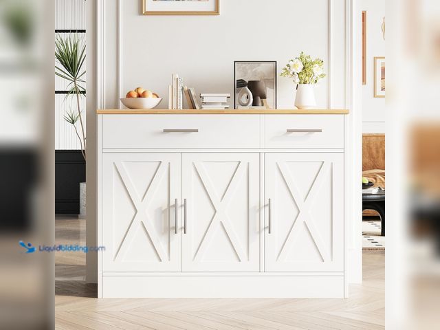 Lot 49-5460325 - Vongrasig 43” Sideboard Buffet Cabinet with Storage, Farmhouse Coffee Bar with Drawers and Shelves, ...