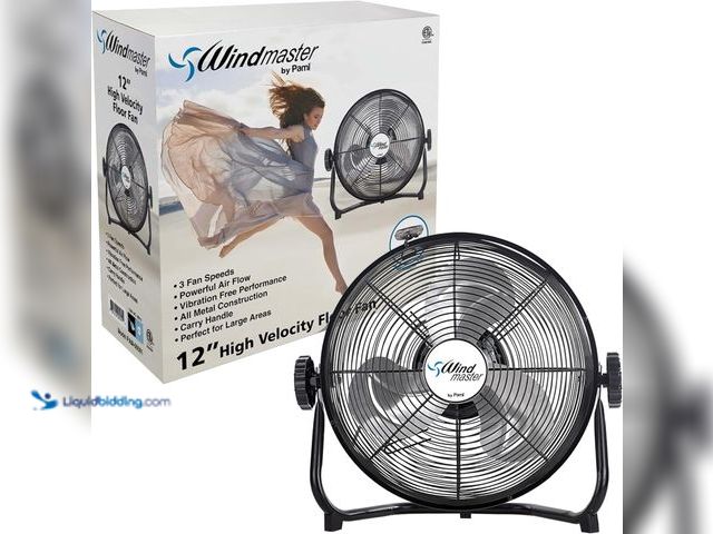 Lot 49-5549735 - PAMI 12 in High-Velocity Floor Fan,3 Speed,Adjustable Head,Metal,Heavy Duty. Model: B0CZPCYSQH. Used