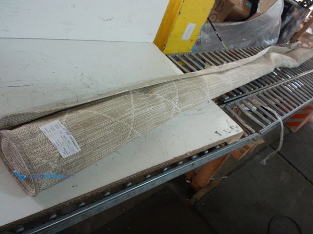 Lot 49-1627374 - 9ft x 12ft Beige Outdoor Low Pile Area Rug With White Criss Cross Pattern, Slightly Used  Ref#SB0715