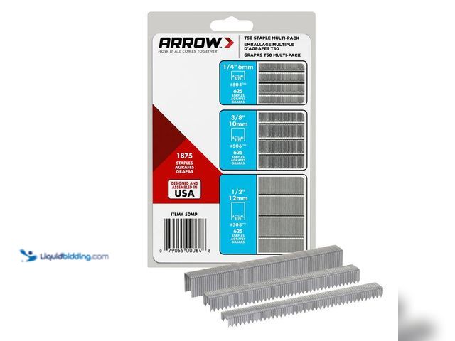 Lot 49-3512442 - Arrow
T50 1/4 in x 3/8 in x 1/2 in 50MP Galvanized, Med. Crown, Mixed Point, Heavy-Duty Steel Stapl...