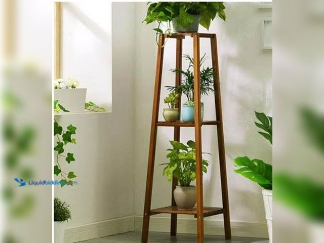 Lot 49-5414622 - UNHO Wooden Flower Stand Plant Frame Balcony Multi-Tier Potted Shelving 12"x12"x38"  Unused