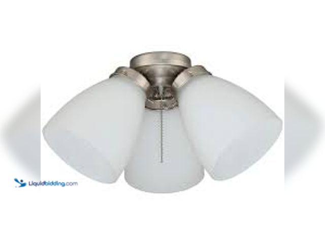 Lot 49-5415296 - Hampton Bay 3-Light Brushed Nickel Ceiling Fan Shades LED Light Kit. Model # 91382. Unused.
