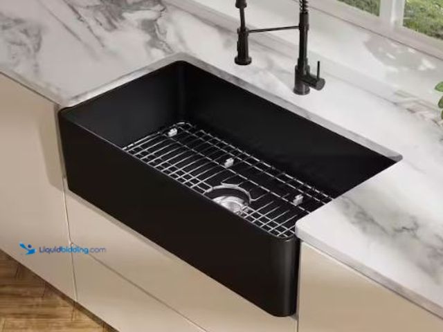 Lot 49-1630817 - Eridanus Denbigh Matte Black Fireclay 33 in. Single Bowl Farmhouse Apron Kitchen Sink with Bottom Gr...