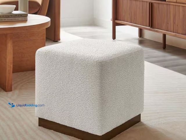 Lot 49-2020593 - MODWAY Tilden 17 in. Square Boucle Upholstered Ottoman in Cloud Walnut, Model # EEI-6641-CLO-WAL. MS...