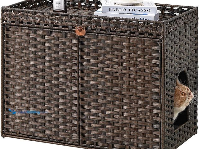 Lot 49-3566694 - Cat Litter Box Enclosure Furniture, Handwoven Rattan Hidden Litter Box with Mat, Large Space Cat Hou...