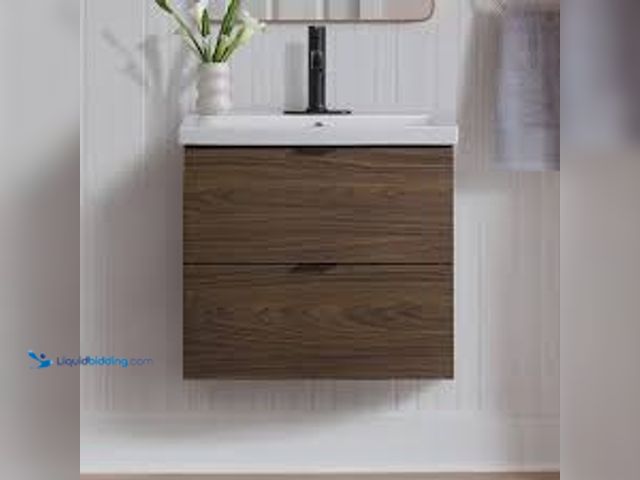 Lot 49-5475085 - Glacier Bay Ardwick 24 in. Single Sink Mocha Walnut Bath Vanity with White Ceramic Top (Assembled). ...