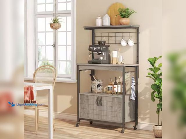 Lot 49-2001007 - Bestier Wash Grey 31.5 in. W 3-Tier Metal and Wood Baker's Rack with Storage Cabinet and Adjustable ...