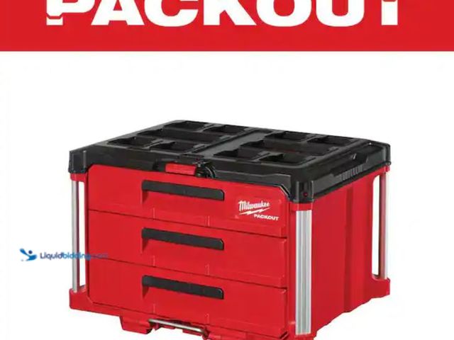 Lot 49-1631891 - Milwaukee PACKOUT 22 in. Modular 3-Drawer Tool Box with Metal Reinforced Corners, Model # 48-22-8443...