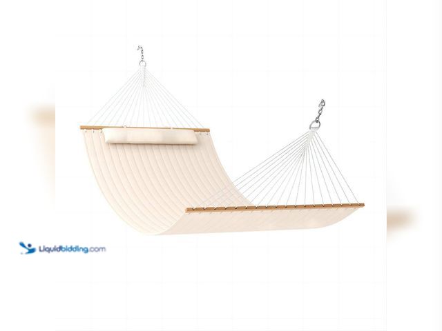 Lot 49-5437761 - AURA OUTDOOR 12 ft. Quilted 2-Person Fabric Swing Hammock Bed with Pillow Beige. [Model # HM003148] ...