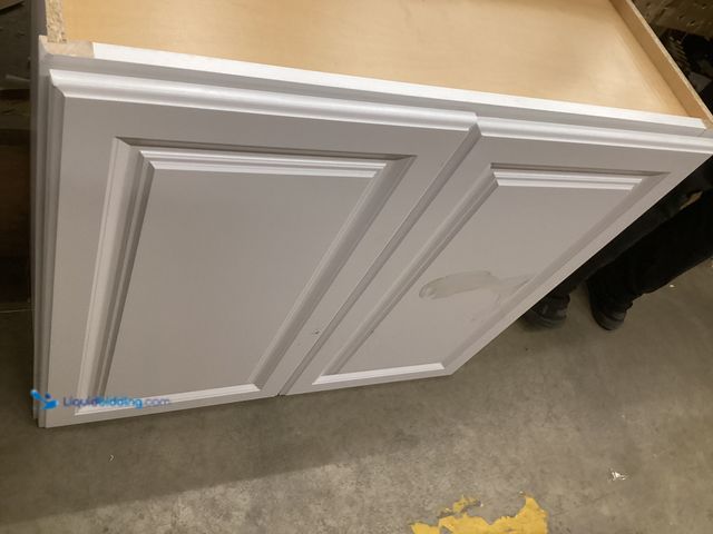 Lot 49-5555533 - Hampton Bay Assembly Wall Kitchen Cabinet in Satin White, Unused with hardware, both shelves include...