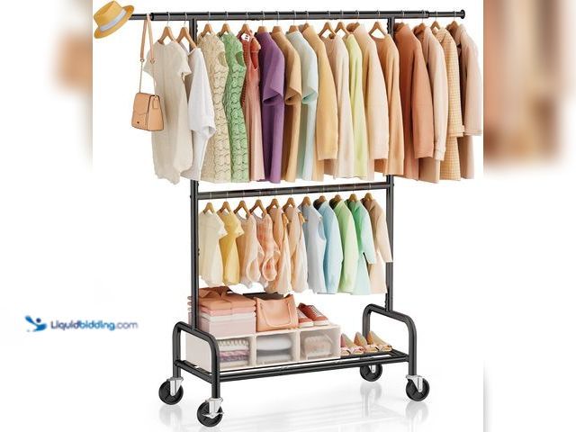 Lot 49-5549770 - Clothes Rack Heavy Duty, 550 LBS Rolling Clothing Rack with Wheels, Black | Heavy Duty Garment Rack ...
