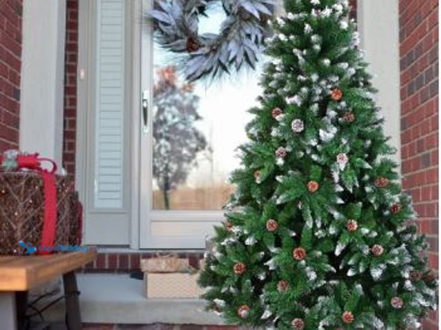 Lot 49-1544839 - 6FT Spray White Snow Dusted Christmas Tree, Artificial Hinged Christmas Tree with 52 Pine Cone and 9...