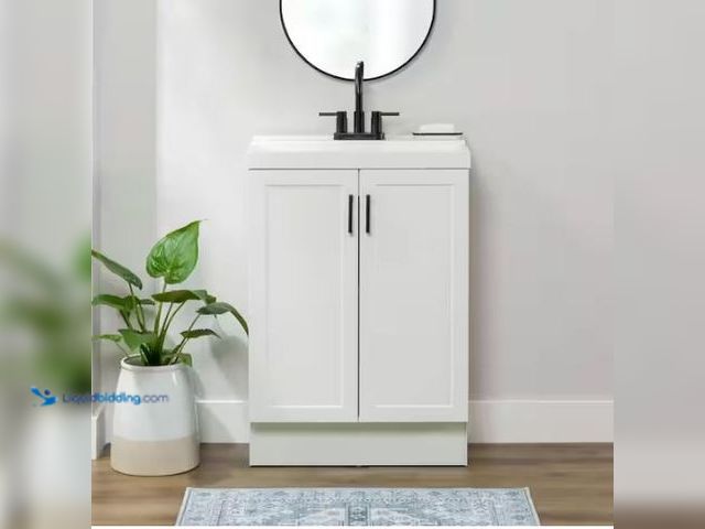 Lot 49-1569105 - Glacier Bay Penlee 25 in. Single Sink White Bath Vanity with White Cultured Marble Top (Assembled), ...