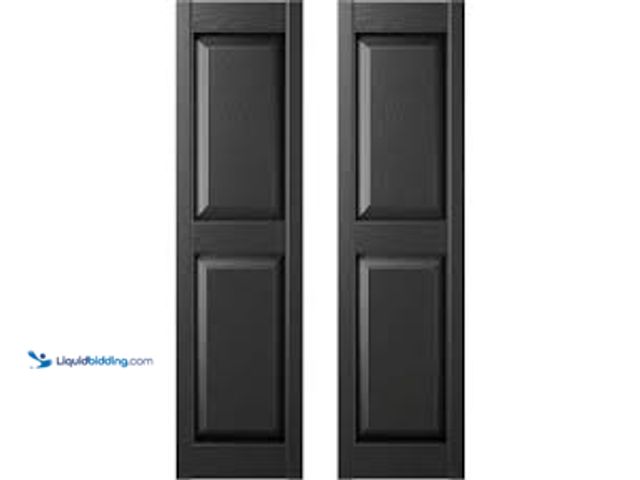 Lot 49-5415200 - Builders Edge 14.75 in. x 59 in. Raised Panel Vinyl Exterior Shutters Pair in Black. Model # 0301400...