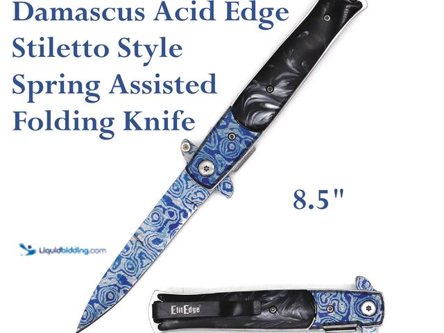 Lot 49-1616237 - Damascus Acid Etched Stiletto Style Spring Assisted Folding Knife 8.5" with Black Pearl Style Handle...